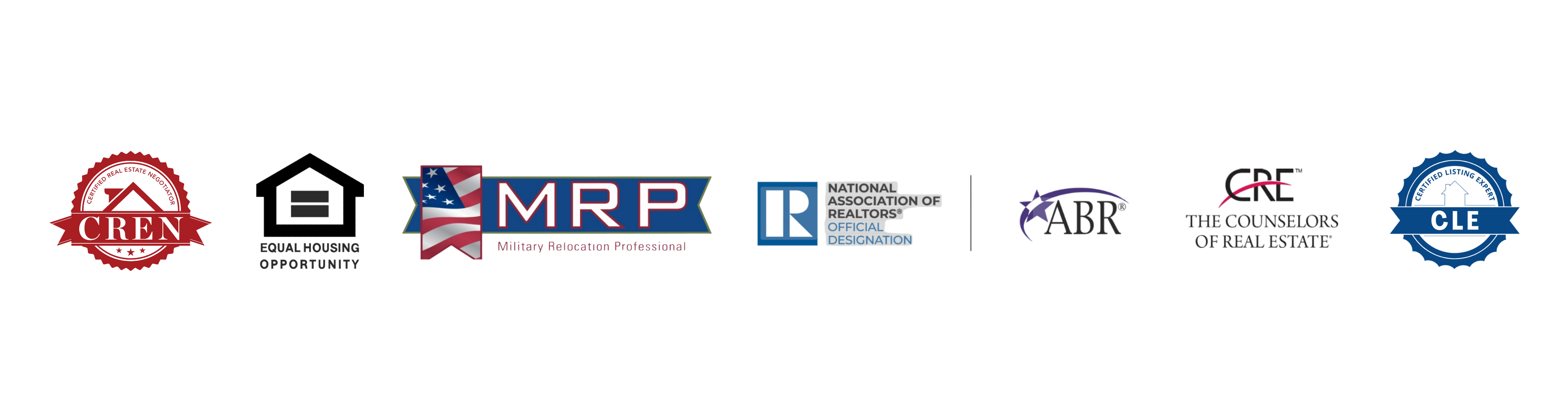 Professional real estate certifications: CTM, CRE, CREN, ABR, MRP, Equal Housing, Realtor MLS